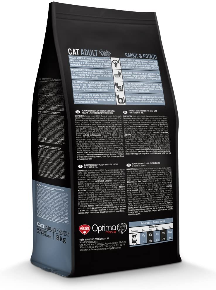  Optimanova Dry Adulto - Conejo y patata - Hipoalergénico - Libre de grano - Super Premium Cat Food - 8 kg - 40% carne fresca - A partir de 12 meses 