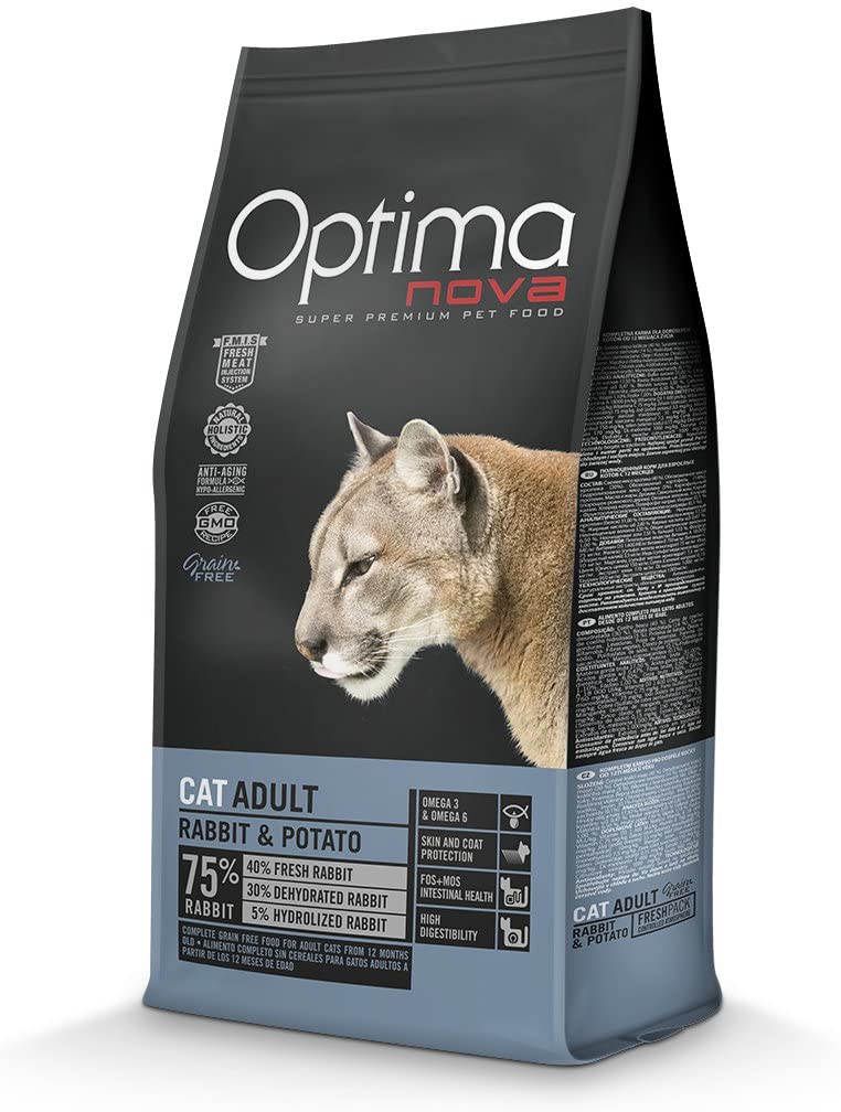  Optimanova Dry Adulto - Conejo y patata - Hipoalergénico - Libre de grano - Super Premium Cat Food - 8 kg - 40% carne fresca - A partir de 12 meses 