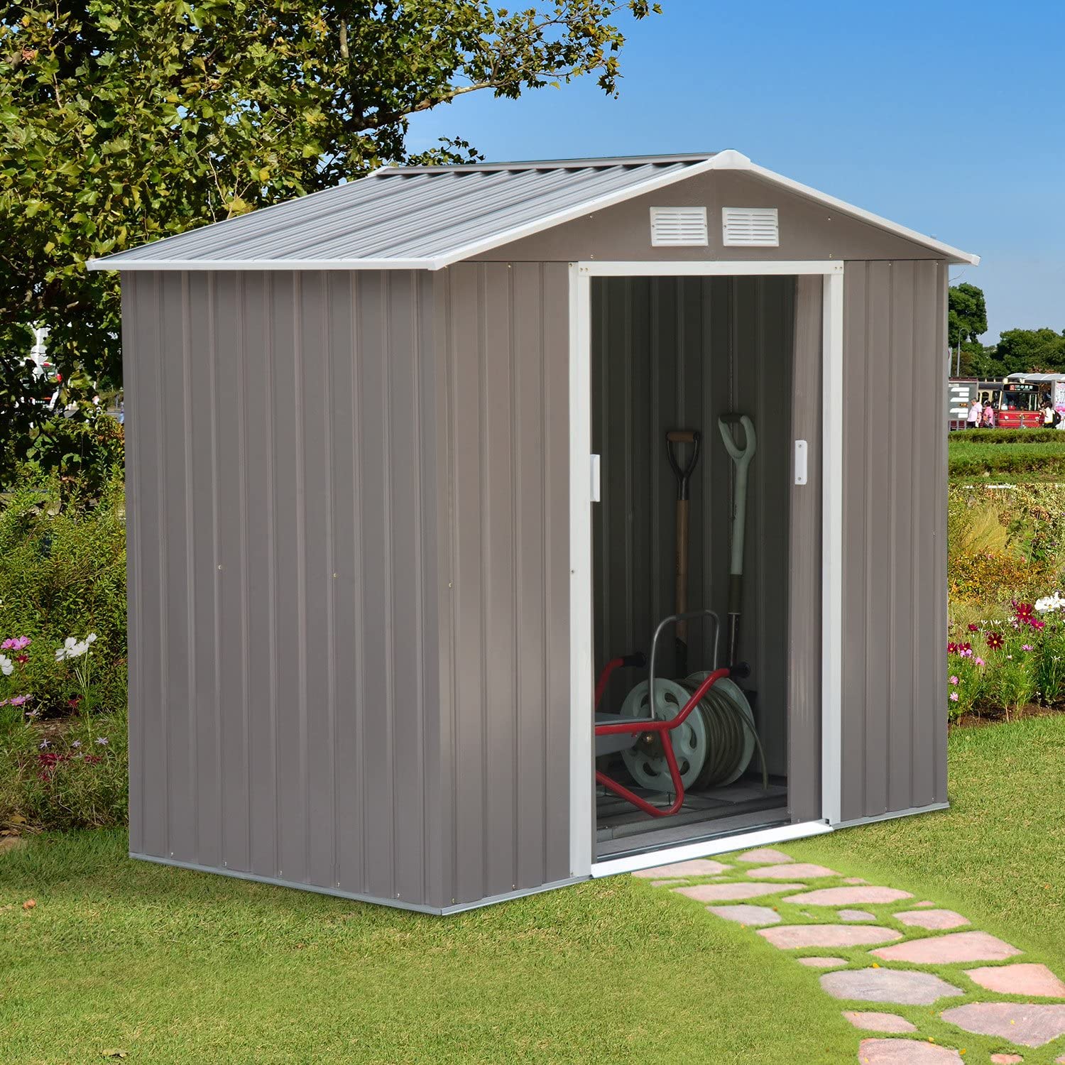  Outsunny Caseta de Jardín Tipo Cobertizo Metálico para Almacenamiento de Herramientas Base Incluida 4 Ventanas 213x127x185cm Acero 