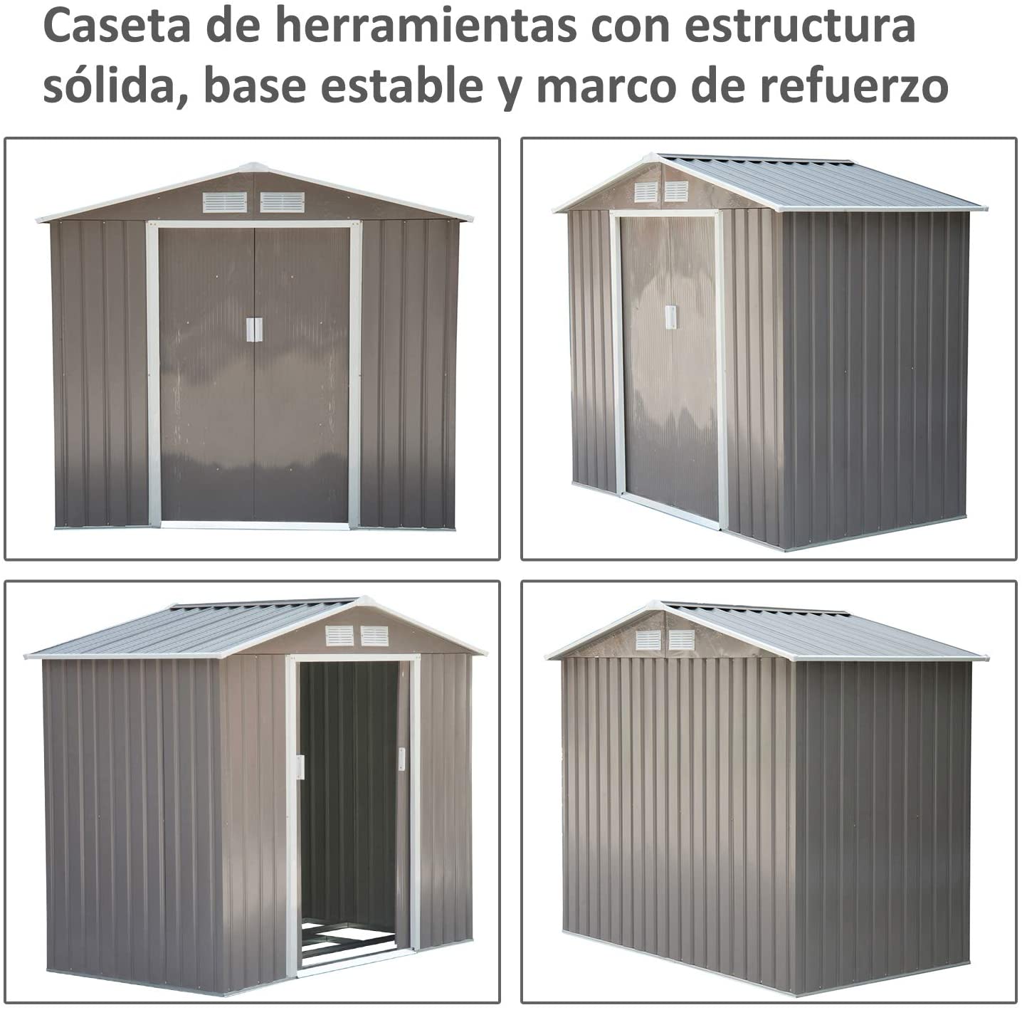  Outsunny Caseta de Jardín Tipo Cobertizo Metálico para Almacenamiento de Herramientas Base Incluida 4 Ventanas 213x127x185cm Acero 