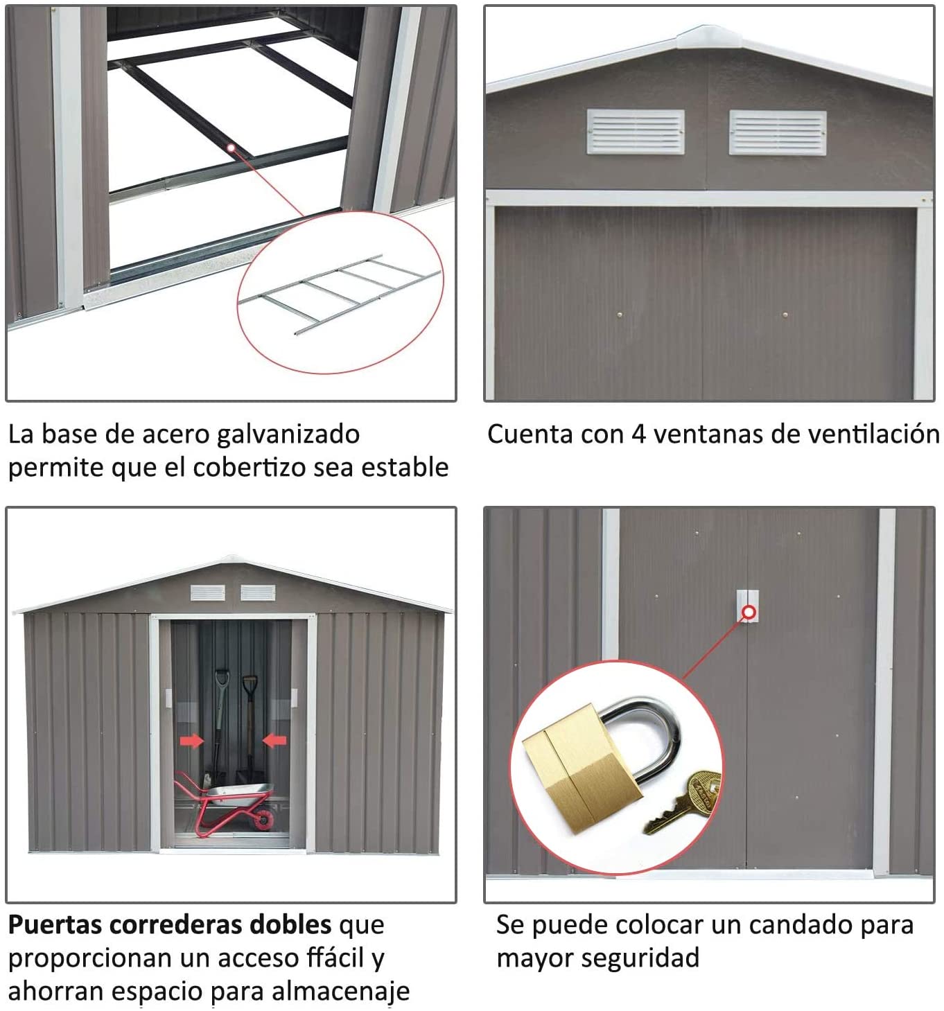  Outsunny Caseta de Jardín Tipo Cobertizo Metálico para Almacenamiento de Herramientas Base Incluida 4 Ventanas 213x127x185cm Acero 