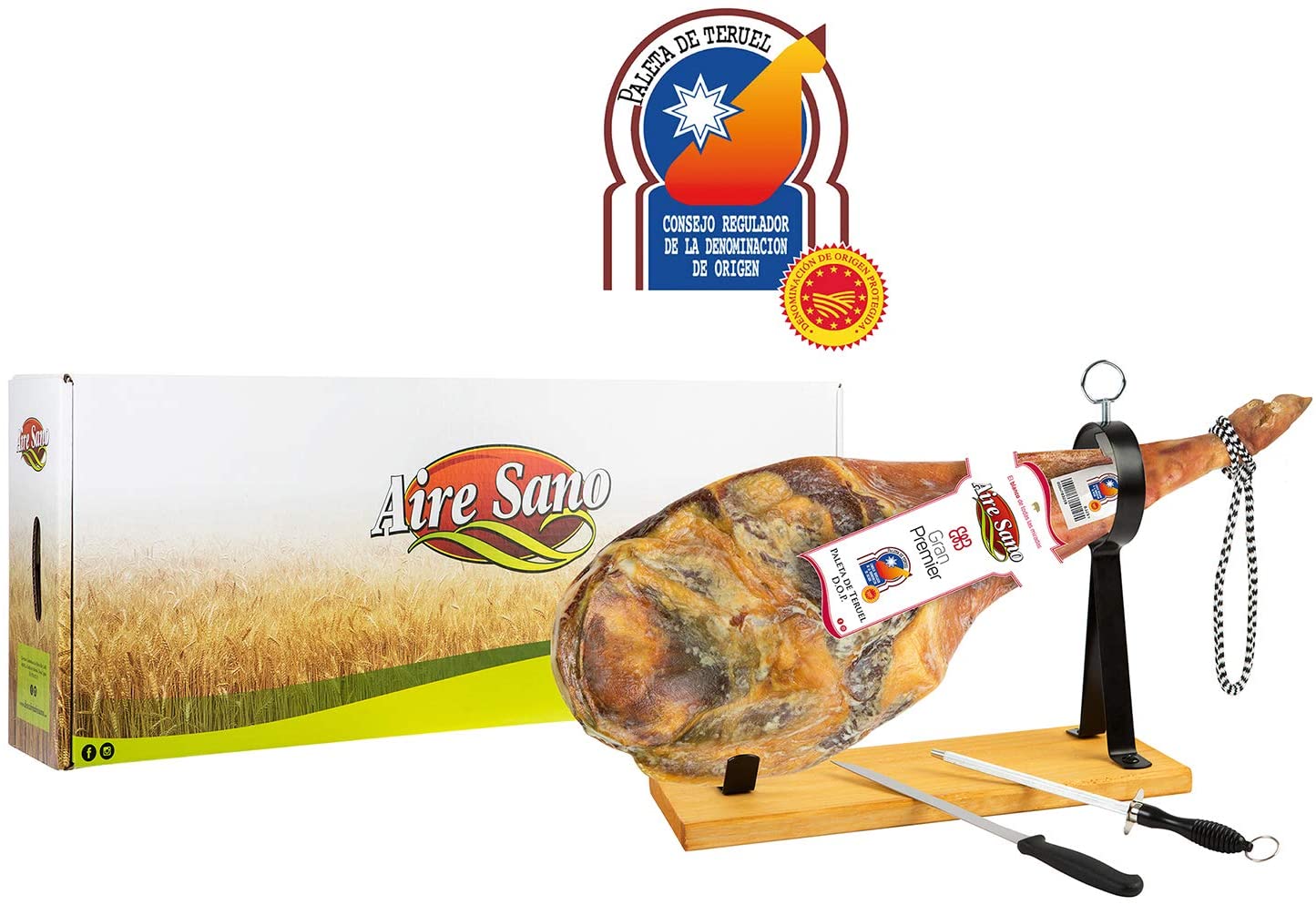  Paleta D.O.P. Teruel (4,5-6Kg) Gran Premier de Aire Sano + jamonero + cuchillo + chaira + estuche 