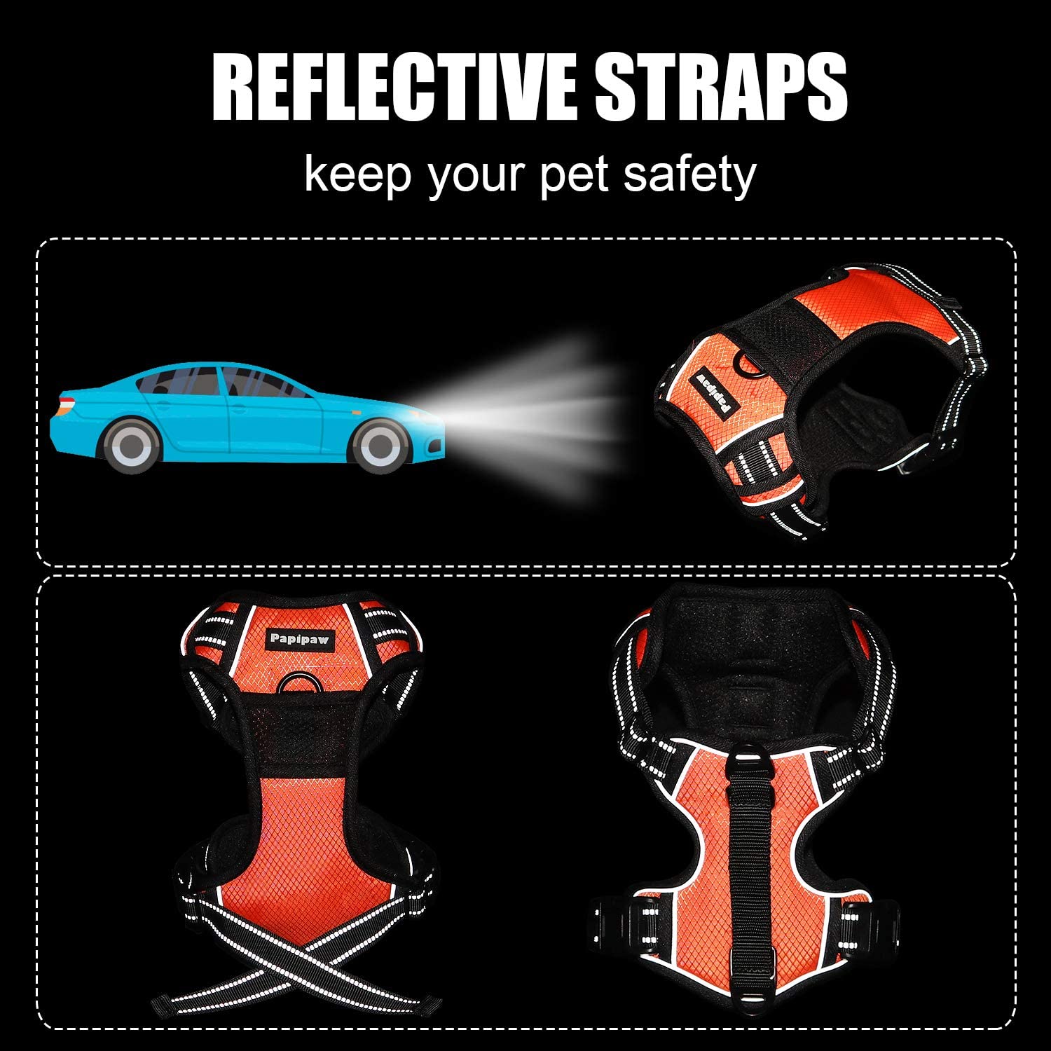  Papipaw Arnés Ajustable para Perros Sin Tirones de Fácil Control Arnés Impermeable Reflectante Nocturno Correa de Seguridad (XL,Naranja) 