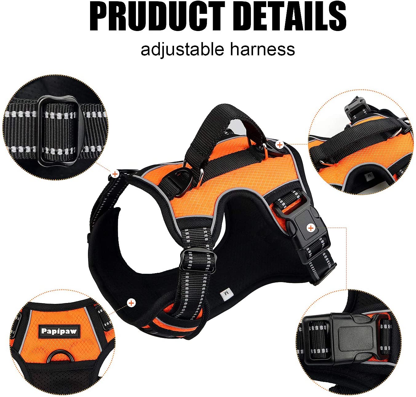  Papipaw Arnés Ajustable para Perros Sin Tirones de Fácil Control Arnés Impermeable Reflectante Nocturno Correa de Seguridad (XL,Naranja) 