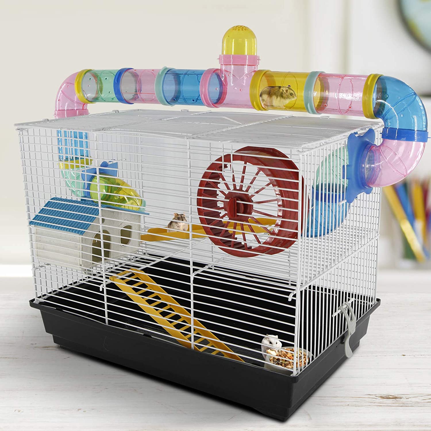  PawHut - Jaula para Hamster, Casa para Ratoncillos Roedores, Animal Pequeño con Escalera, Pista, Molino de Viento, Accesorios Incluidos, 62x29x52cm 