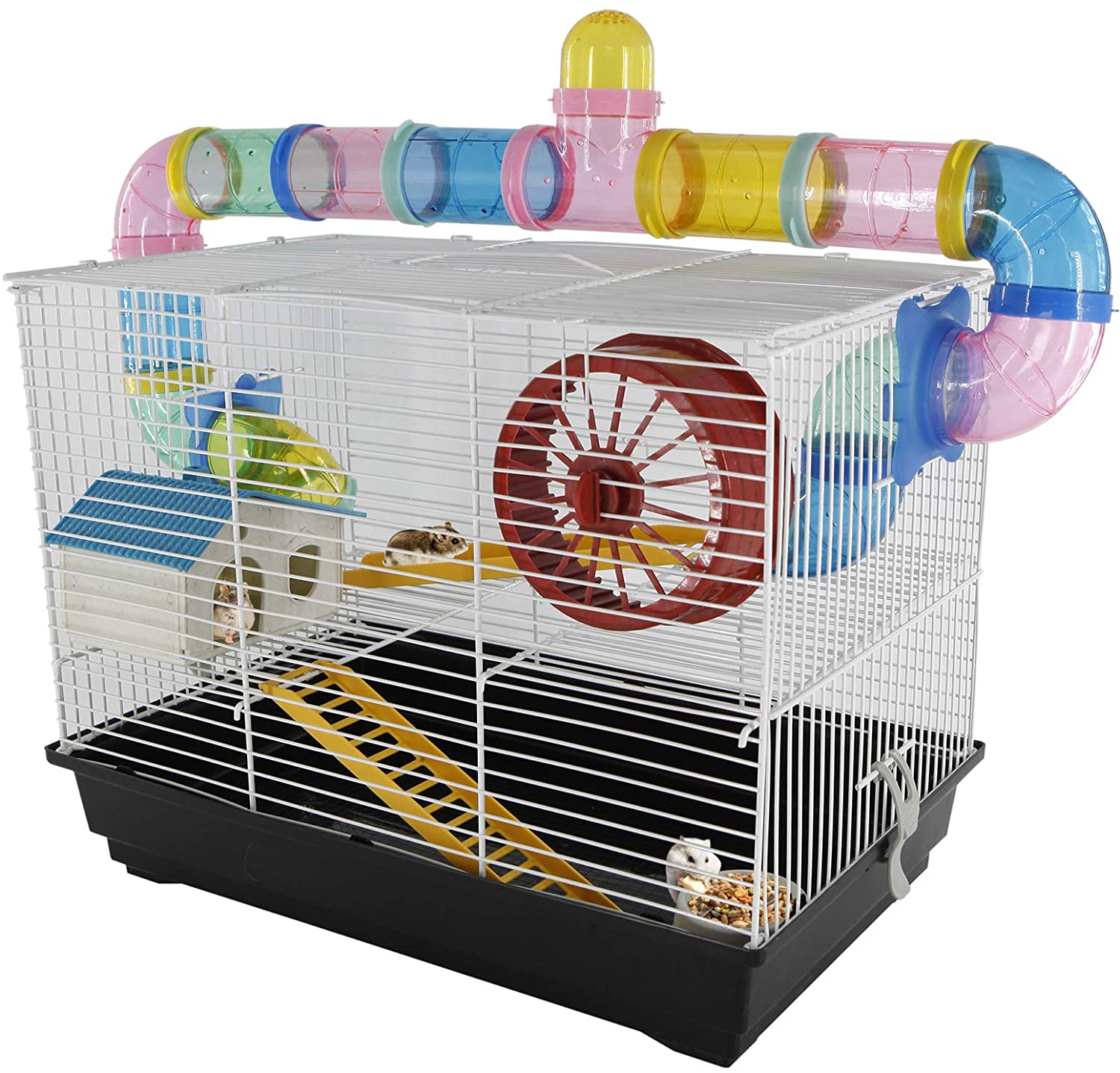  PawHut - Jaula para Hamster, Casa para Ratoncillos Roedores, Animal Pequeño con Escalera, Pista, Molino de Viento, Accesorios Incluidos, 62x29x52cm 