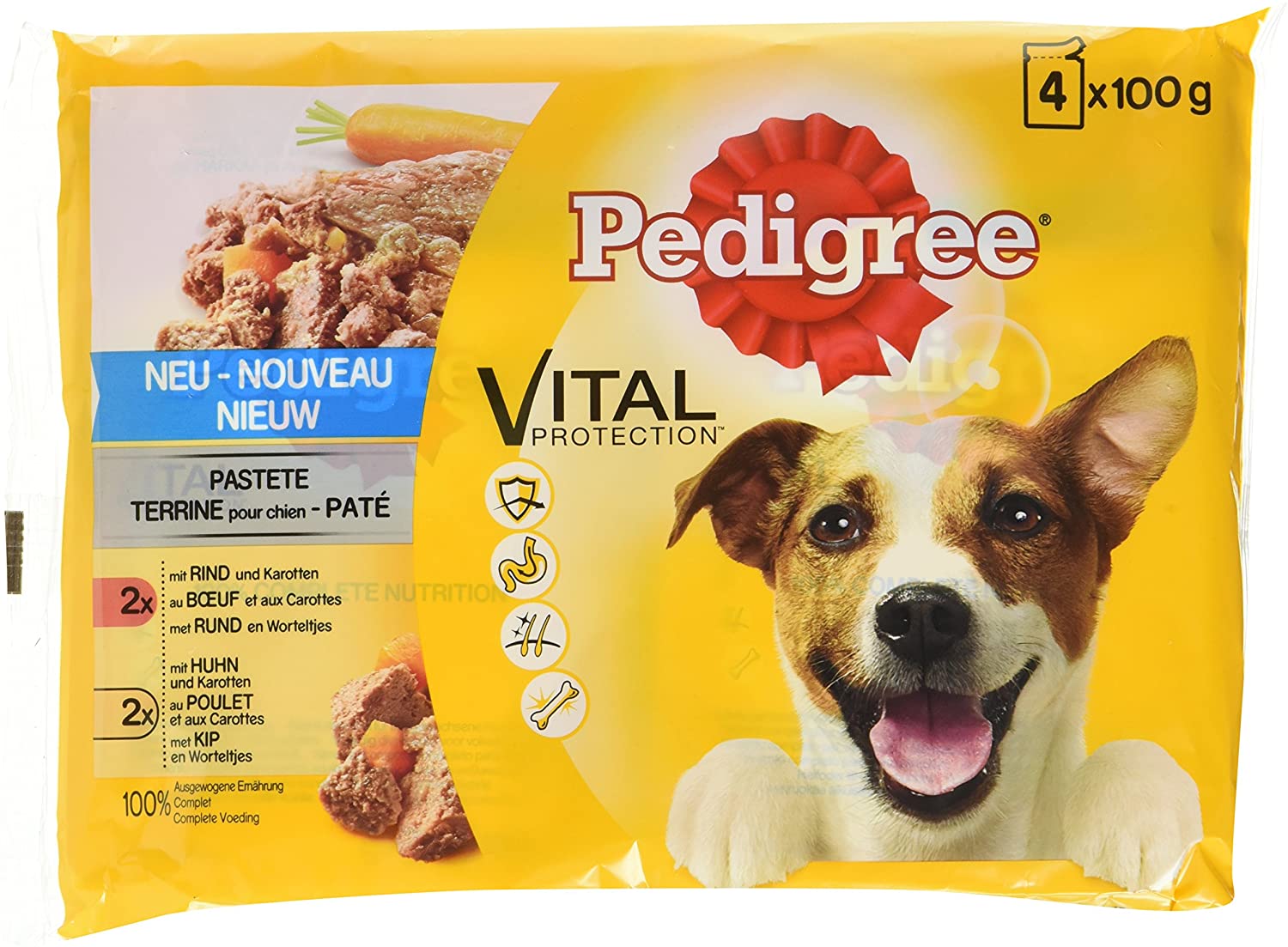  PEDIGREE Perros Forro húmedo Forro Vital Protection Adult/pastete con Vacuno/Gallina y Zanahorias, 13er Pack (13 x 4 x 100 g) 