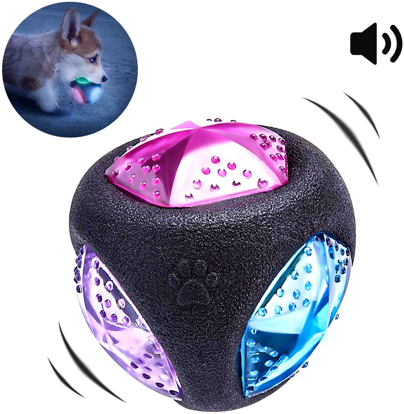  PEDOMUS Perros Juguete Pelota con luz LED y Squeaker, Juguete para Perros, Perros Ball Perros Pelotas, Pelota para Perros, se Ilumina en Colores cambiantes, de Goma termoplástica. Diámetro 7,6 cm 