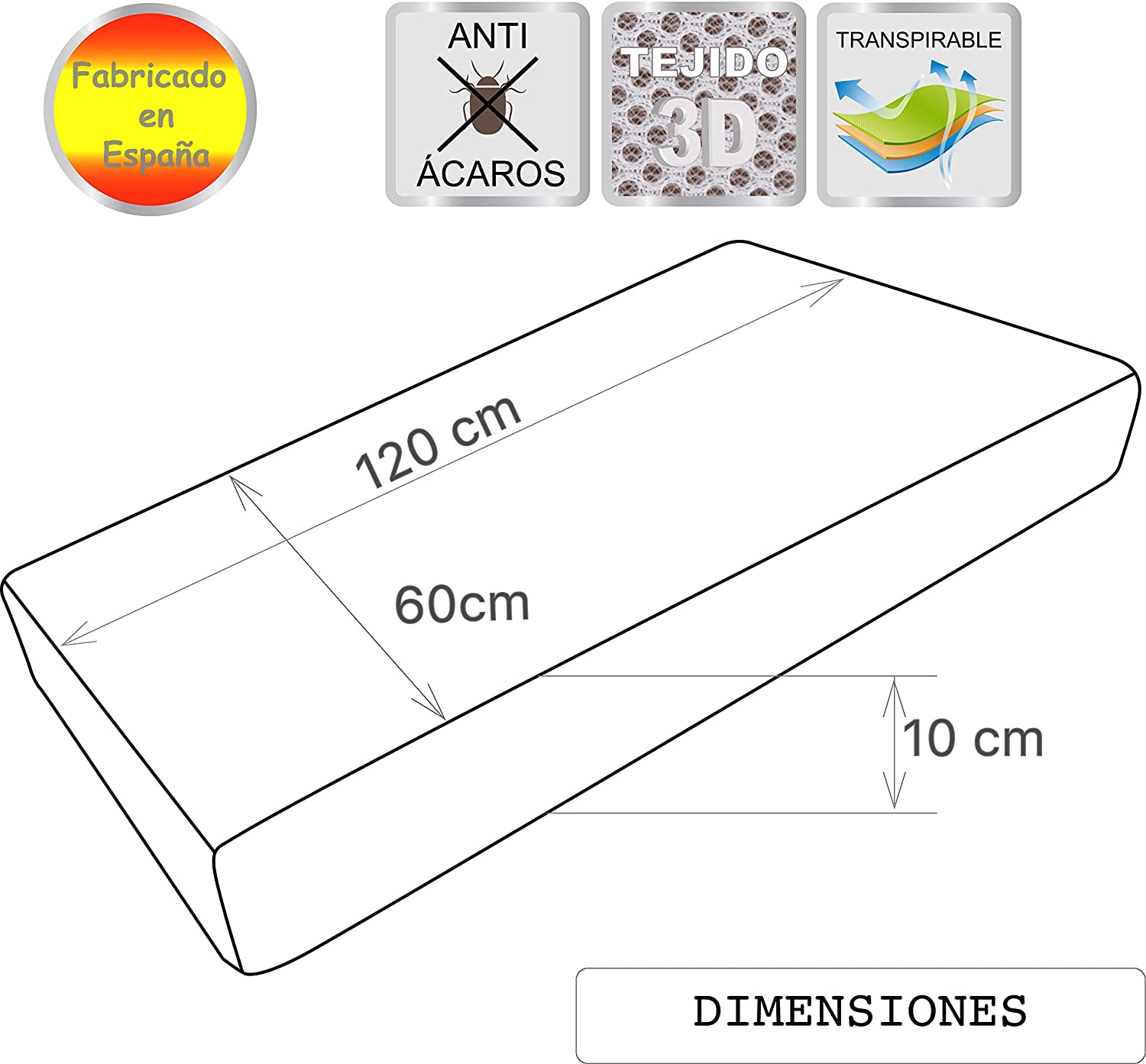  PEKITAS Colchón Cuna Doble Cara 60x120cm Grosor 10 Cm Funda Lavable Fabricado En España 