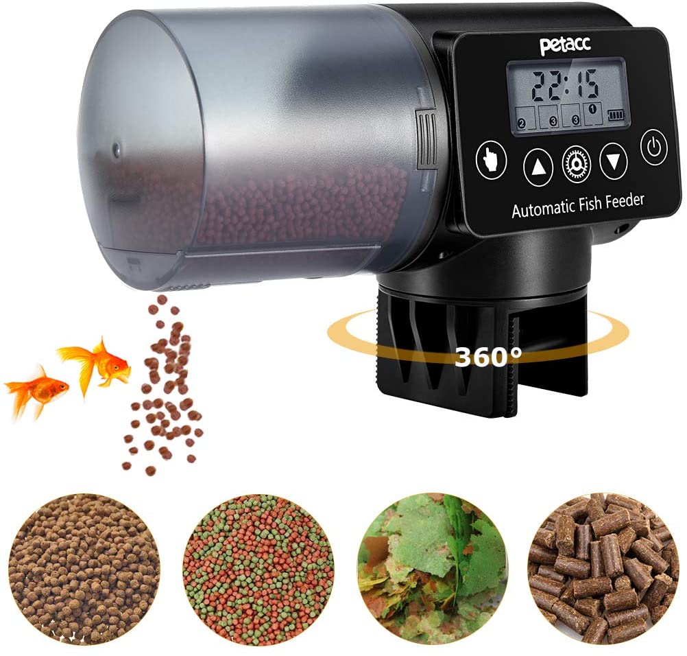  Petacc Alimentador Automático Acuario Multifuncional Comedero Peces Automático con Pantalla LCD y el Tiempo de Alimentación Configuración, Adecuado para Acuario, Pecera (200ml, Negro) 