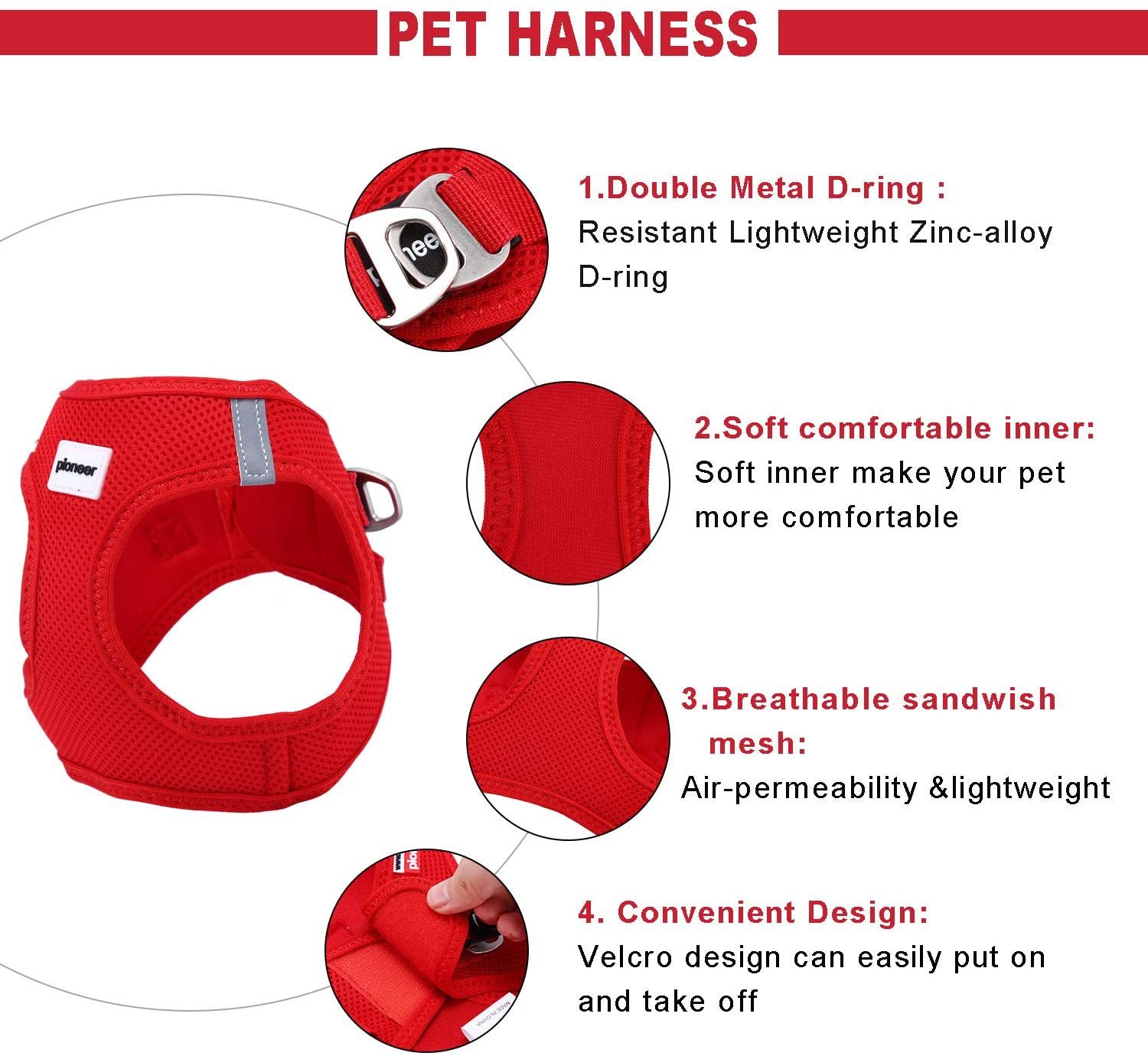  Petcomer Arnés Perro Red Suave Chaleco Acolchado Cómodo para Viajar Pasear con Mascota Pequeña Gatito y Cachorro (XS Rojo) 