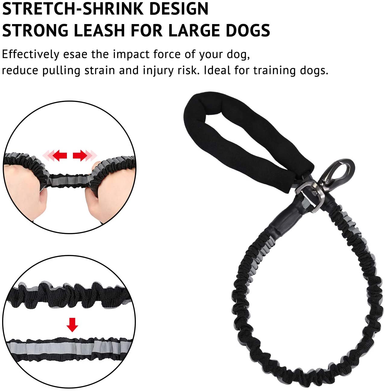  Petcomer Correas Entrenamiento para Perros Cuero Cómodo Ajustable Correa para Mascotas Grandes Medianos Extensión Fuerte Tensible Resistente Durable (Negro Reflexivo) 