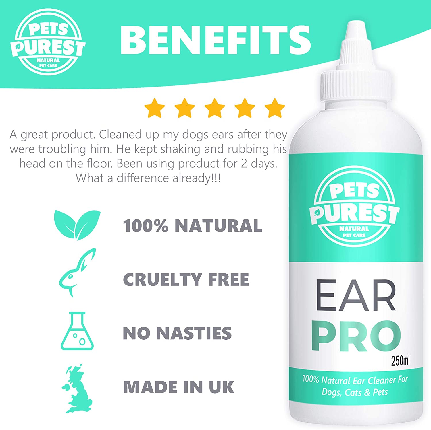  Pets Purest 100% Natural Limpiador de Oidos para Perros (250ml) con fórmula antihongos Repelente de ácaros picazón, Olor a mugre y Oreja desapareció en 2-3 días para Perros, Gatos y Mascotas 