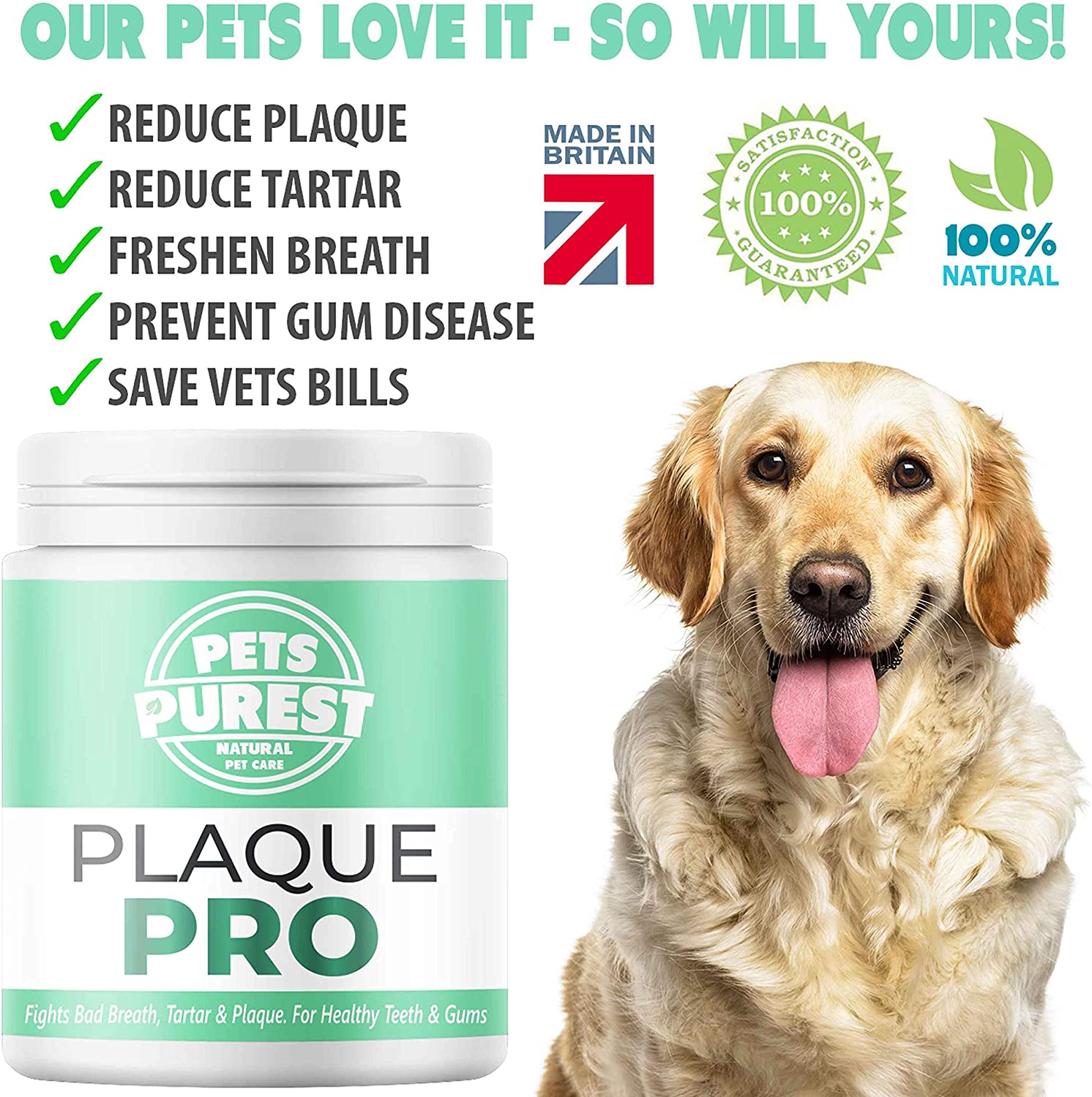  Pets Purest Polvo para Eliminación de Sarro y Placa para Perros, Cachorros y Gatos (180g) Plaque Clean 100% Natural para Animales. Limpia y Cuida Dientes Blancos y Encías. Ayuda contra el Mal Aliento 