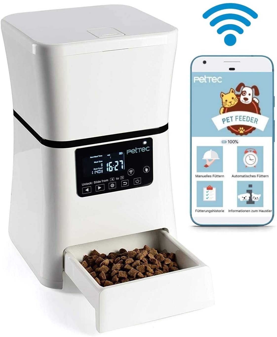  PetTec Smart Pet Dispensador de alimentos para perros y gatos, dispensador de comidas automático cuenco con control desde app y temporizador, pantalla LCD, hasta 2.5 kg / 5 litros 