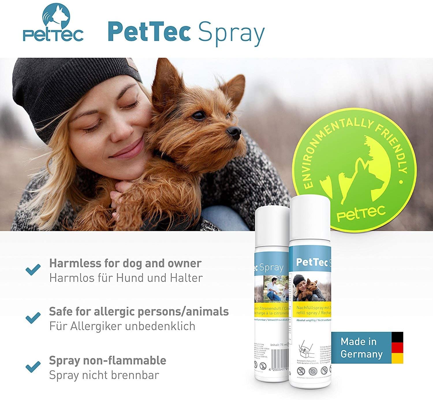  PetTec Spray Made in Germany, Lata de Repuesto para Collares de Entrenamiento, seguro para Perros y Personas, Respetuoso del Medio Ambiente y Antialérgico, ofrece un 25% más, Set de 1 o 3, 75 ml, Citronela o Neutro 