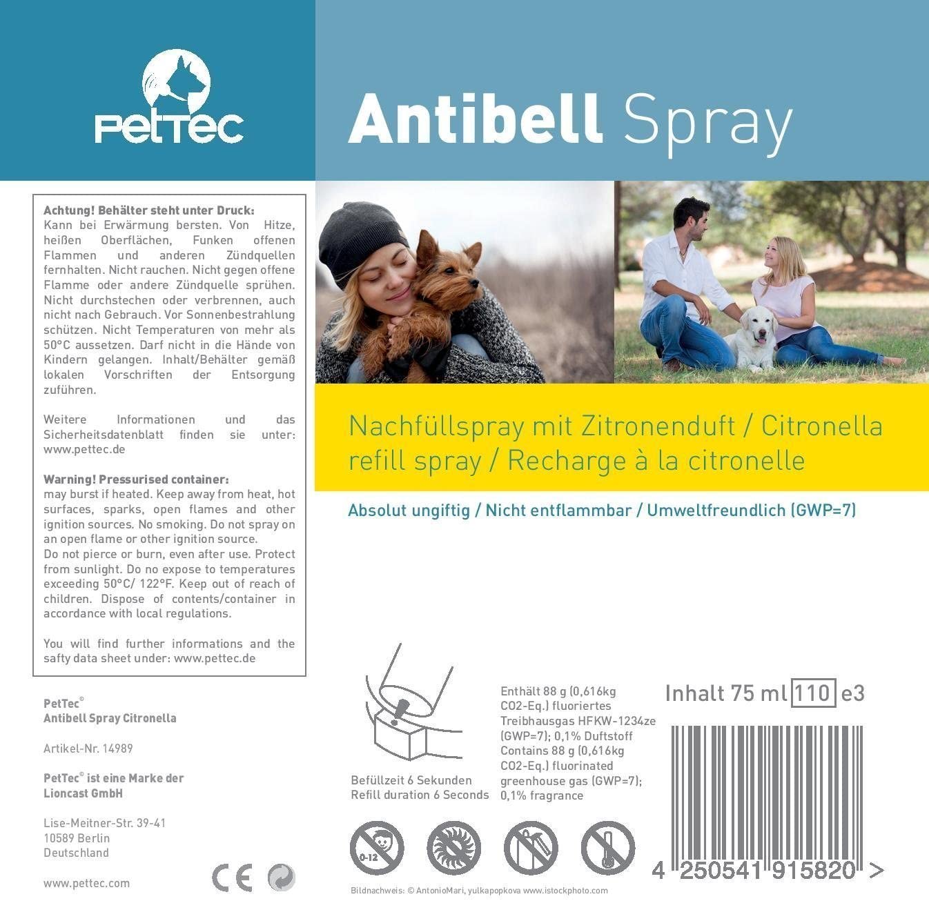  PetTec Spray Made in Germany, Lata de Repuesto para Collares de Entrenamiento, seguro para Perros y Personas, Respetuoso del Medio Ambiente y Antialérgico, ofrece un 25% más, Set de 1 o 3, 75 ml, Citronela o Neutro 