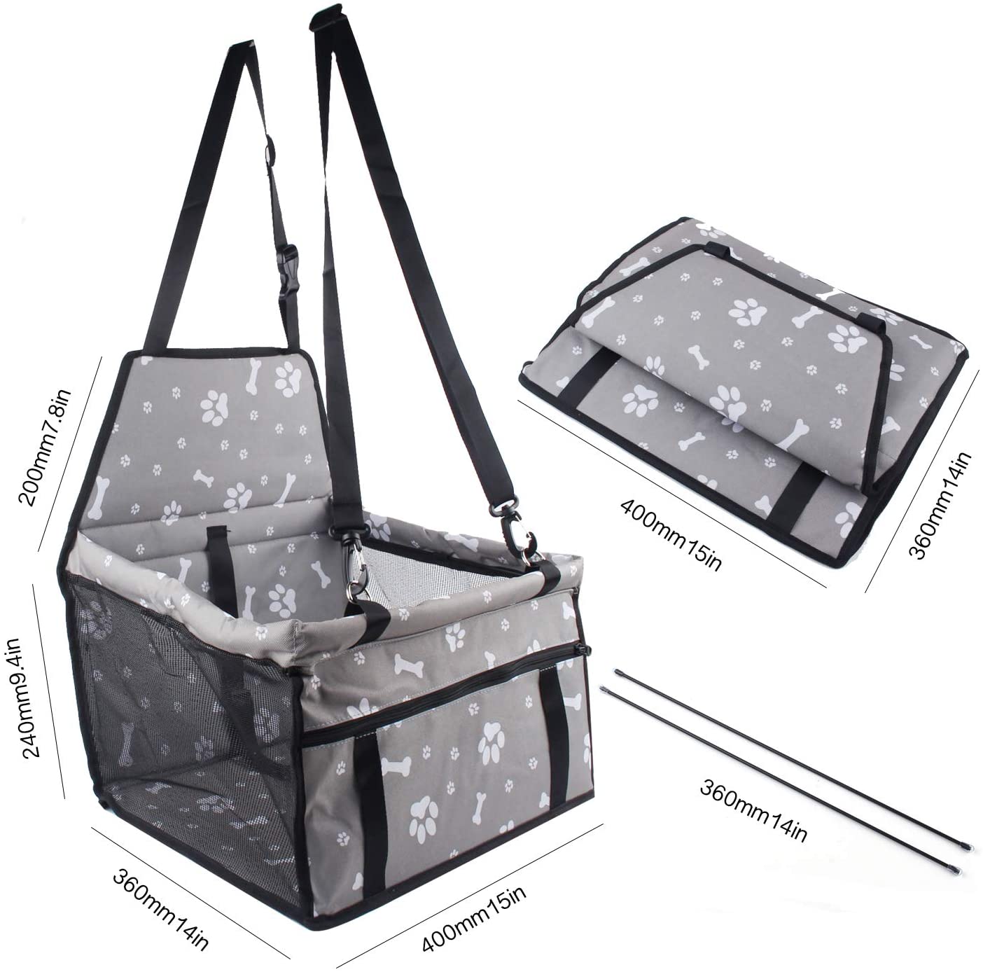  Petxt Asiento de Seguridad para Mascotas, Asiento de Seguridad Plegable para Viajes en automóvil con Clip de Seguridad para Gatos y Perros, Impermeable, cómodo, Transpirable (Huella Gris) 