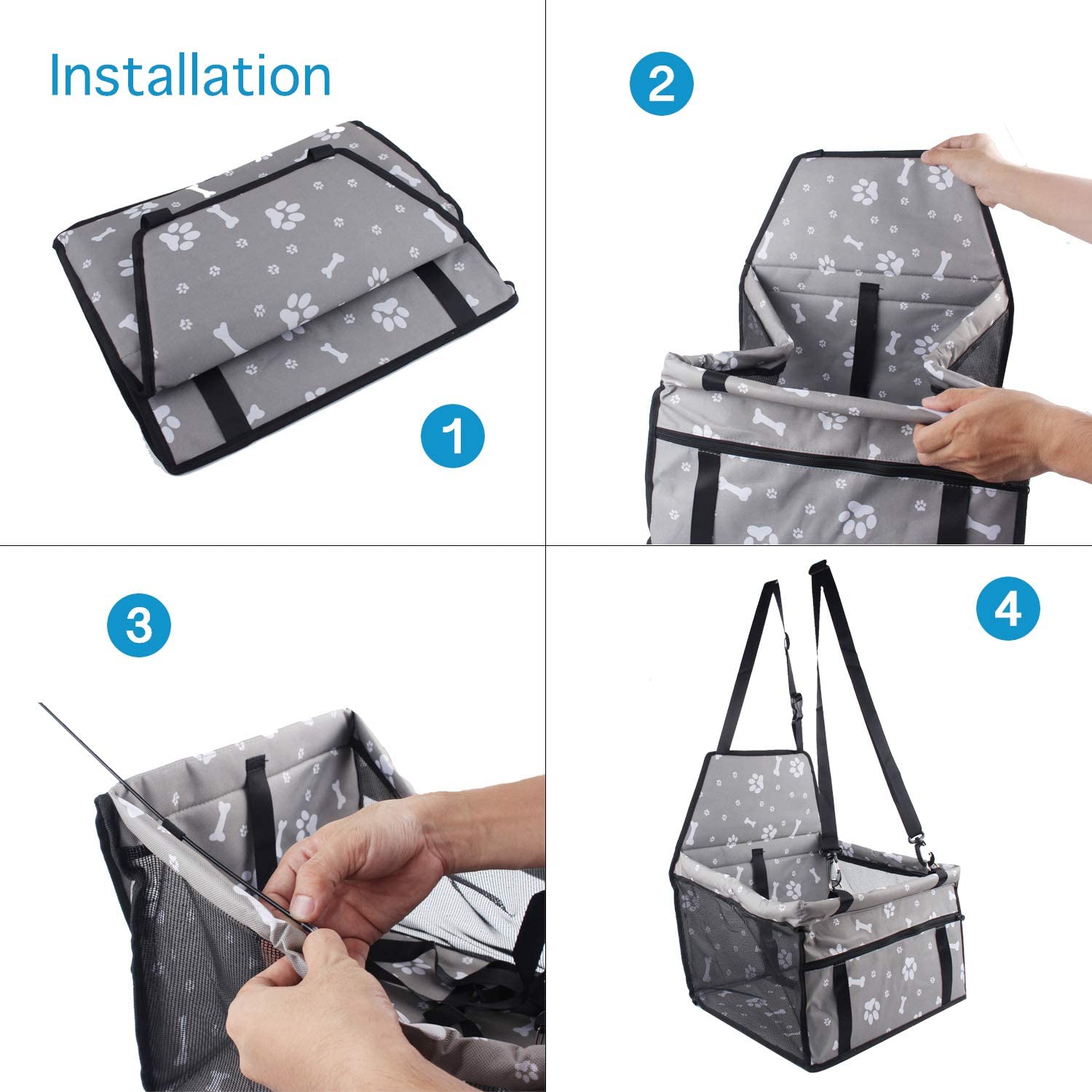  Petxt Asiento de Seguridad para Mascotas, Asiento de Seguridad Plegable para Viajes en automóvil con Clip de Seguridad para Gatos y Perros, Impermeable, cómodo, Transpirable (Huella Gris) 