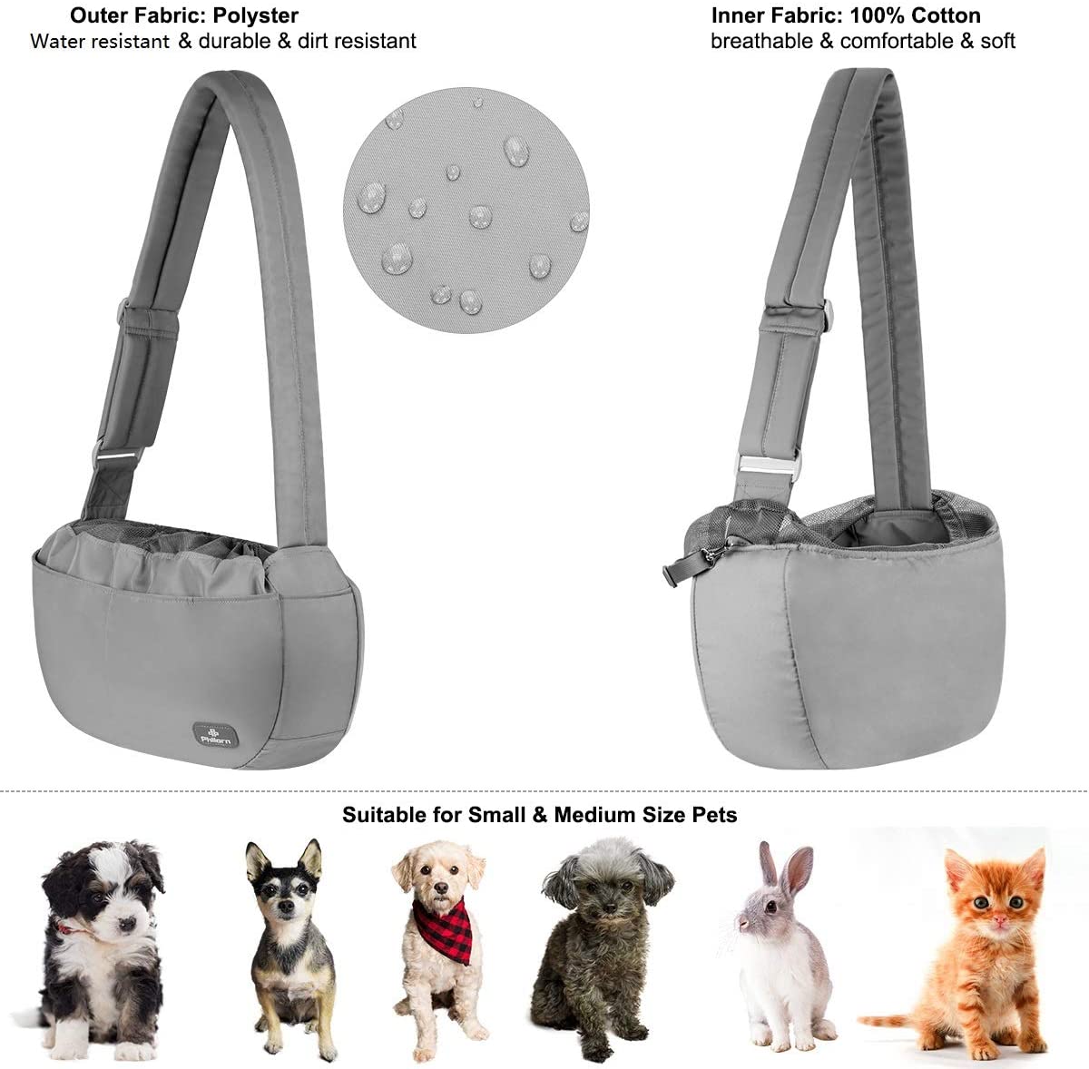  PHILORN Bolsa Bandolera de Transporte para Mascota Manos Libres, Transportín Bolsa Portador de Viaje para Mascota, Bolso de Hombro Acolchada Ajustable para Perro Gato de Hasta 30lbs - Muchos Bolsillos 