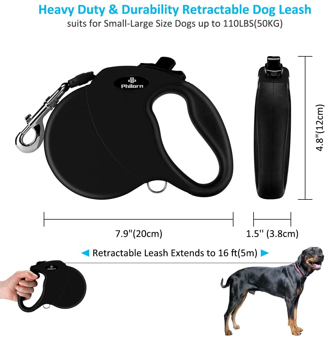  PHILORN Correa Extensible Perro, 5m Cuerda para Perros Retráctil y Reflectante - Sin Enredos, Desbloqueo y Bloqueo con un Botón, Mango Antideslizante, para Perro Pequeño/Medio/Grande de hasta 110 lbs 