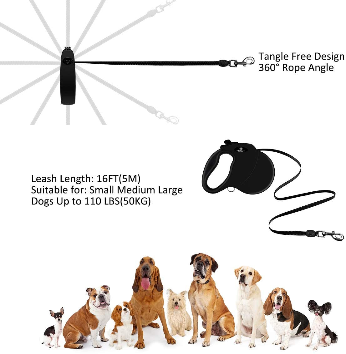  PHILORN Correa Extensible Perro, 5m Cuerda para Perros Retráctil y Reflectante - Sin Enredos, Desbloqueo y Bloqueo con un Botón, Mango Antideslizante, para Perro Pequeño/Medio/Grande de hasta 110 lbs 