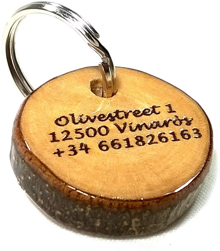  Placa Identificación para Perro y Gato, Etiqueta Identificativa Personalizada, Grabado de Nombre, Teléfono y Dirección, Madera Olivo, Llavero Acero Inoxidable, Pequeño, Mediano, Grande & Extra Grande 