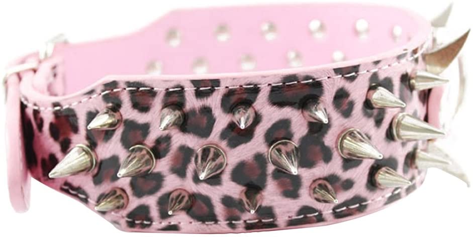  POPETPOP Leopardo Estilo Spike Studded Suave PU Ajustable Perro Mascota Cachorro de Gato Cachorro de Seguridad - tamaño XL (Rosa) 