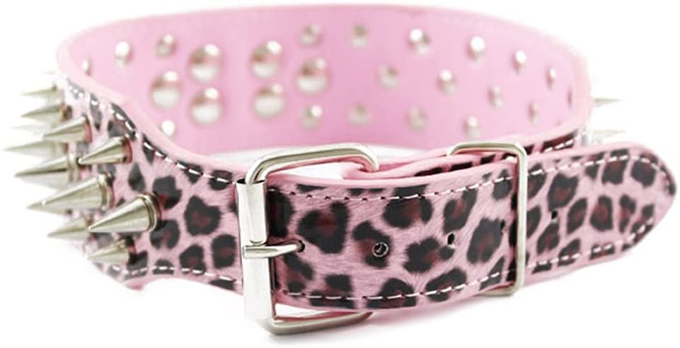  POPETPOP Leopardo Estilo Spike Studded Suave PU Ajustable Perro Mascota Cachorro de Gato Cachorro de Seguridad - tamaño XL (Rosa) 