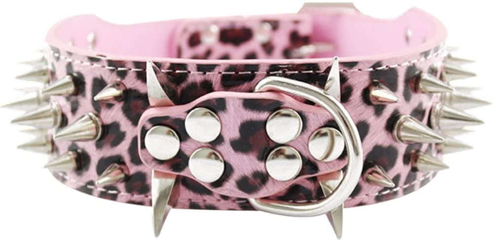  POPETPOP Leopardo Estilo Spike Studded Suave PU Ajustable Perro Mascota Cachorro de Gato Cachorro de Seguridad - tamaño XL (Rosa) 