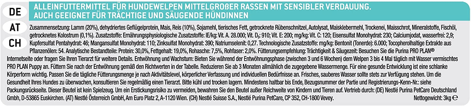  PURINA Pro Plan Comida Seco para Cachorro Mediano con Digestión Sensible con Optidigest, Sabor Cordero - 3 Kg 