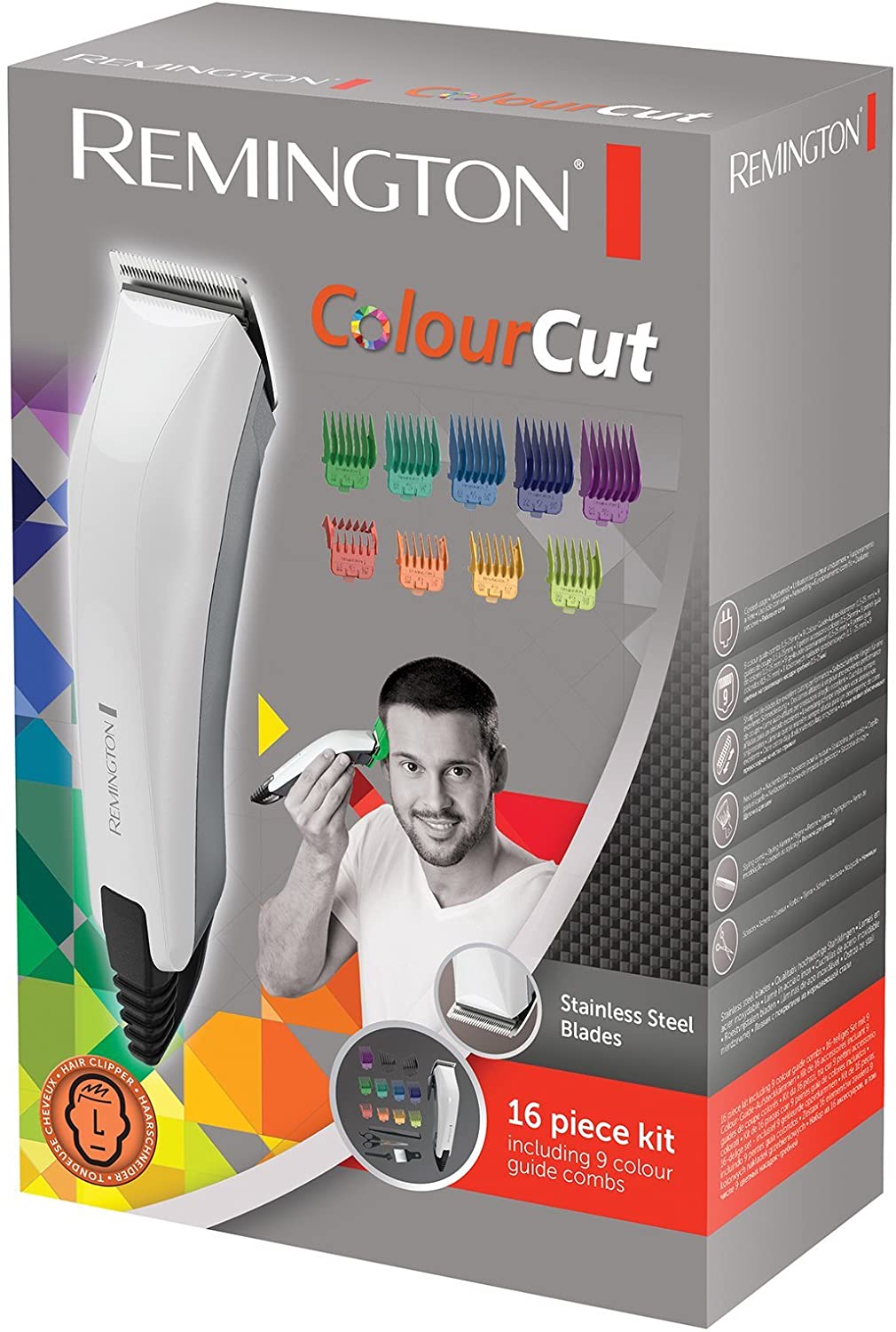  Remington ColourCut HC5035 - Máquina de cortar pelo con cable, 16 Accesorios, Acero Inoxidable, Blanco y Gris 