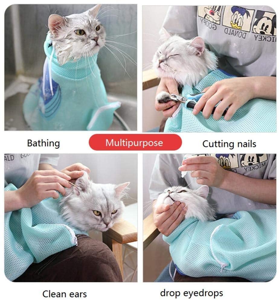  RXQCAOXIA Pet Cat Grooming Lavado Bolsa de baño, Bolsa de Malla de poliéster de restricción para morder rasguños para la Ducha, Limpieza de Orejas, Corte de uñas, Alimentación de medicamentos@Azul 