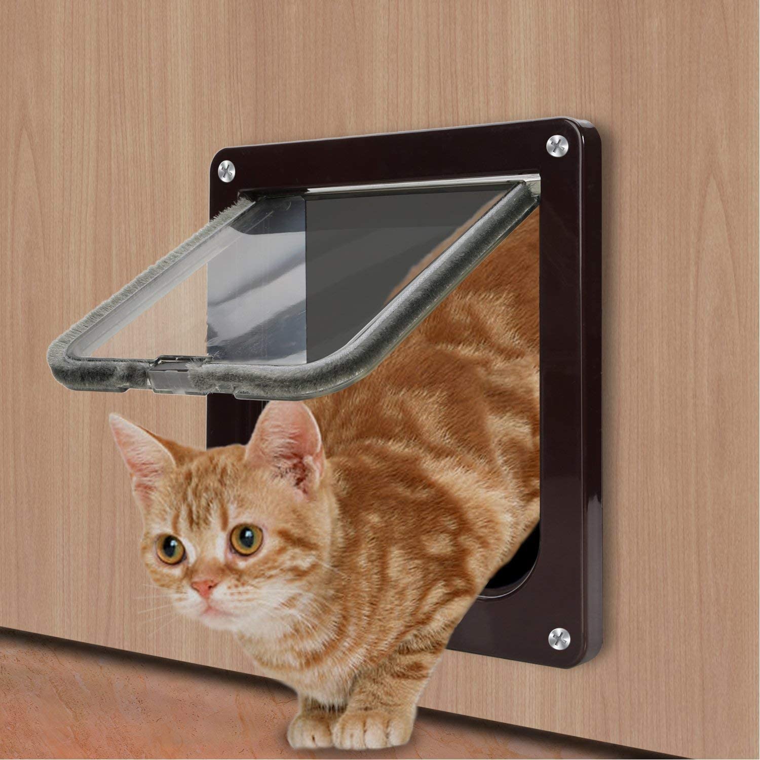  Sailnovo Puerta para Gato con Cierre magnético de 4 vías, Puerta para Mascotas para Gatos y Perros pequeños, Puerta para Gatos con túnel (Marrón, L) 