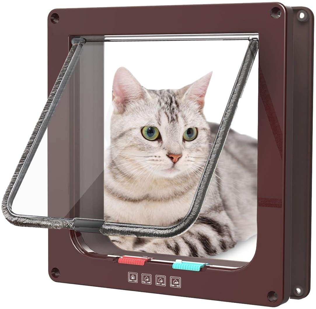  Sailnovo Puerta para Gato con Cierre magnético de 4 vías, Puerta para Mascotas para Gatos y Perros pequeños, Puerta para Gatos con túnel (Marrón, L) 