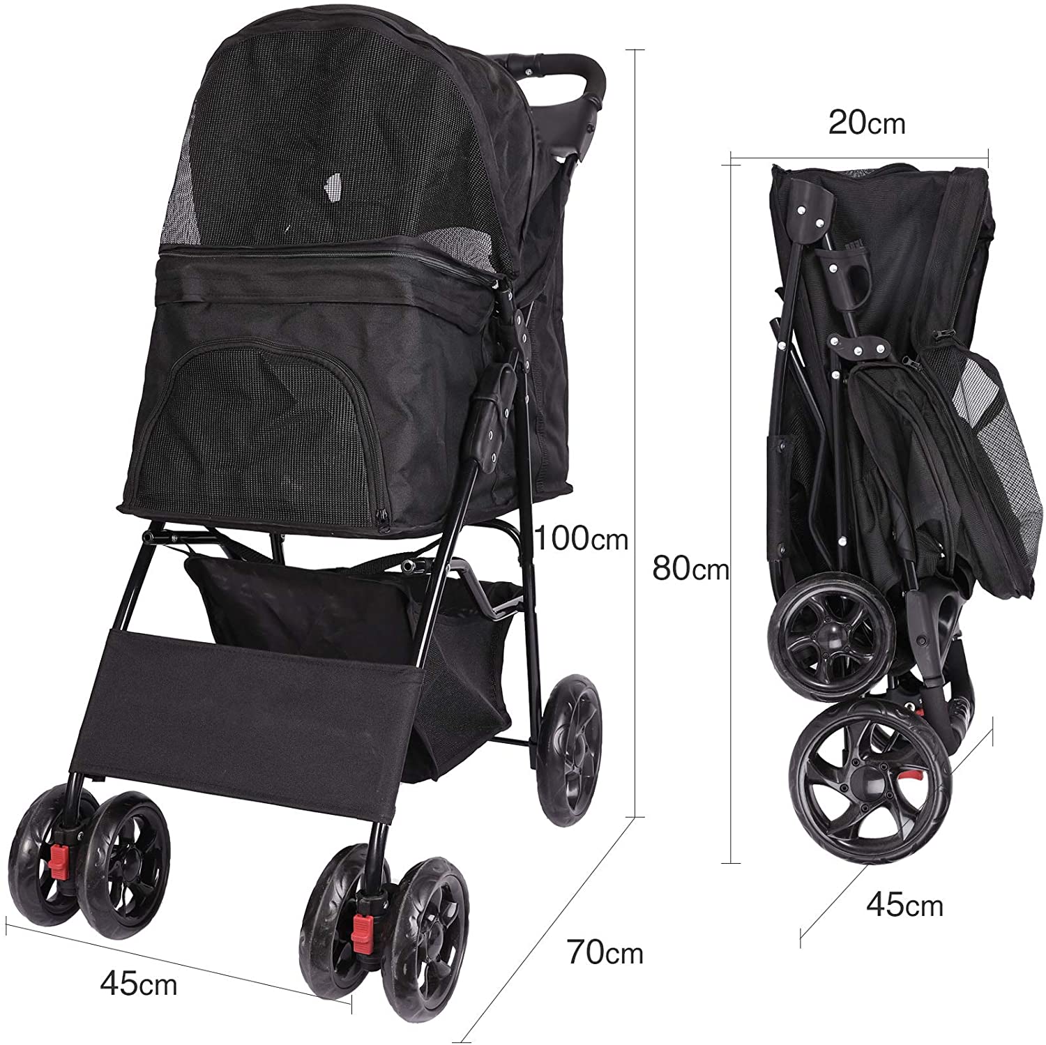  Sfeomi Carrito para Mascotas Plegable 100 x 45 x 70cm Cochecito para Perros Carrito de 4 Ruedas para Perros con Capcacidad de 15kg Carro de Viaje para Mascotas (Negro) 