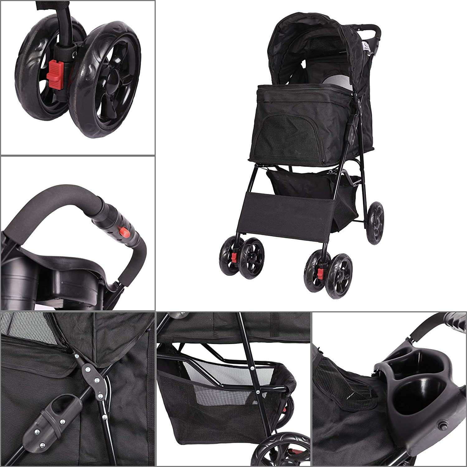  Sfeomi Carrito para Mascotas Plegable 100 x 45 x 70cm Cochecito para Perros Carrito de 4 Ruedas para Perros con Capcacidad de 15kg Carro de Viaje para Mascotas (Negro) 