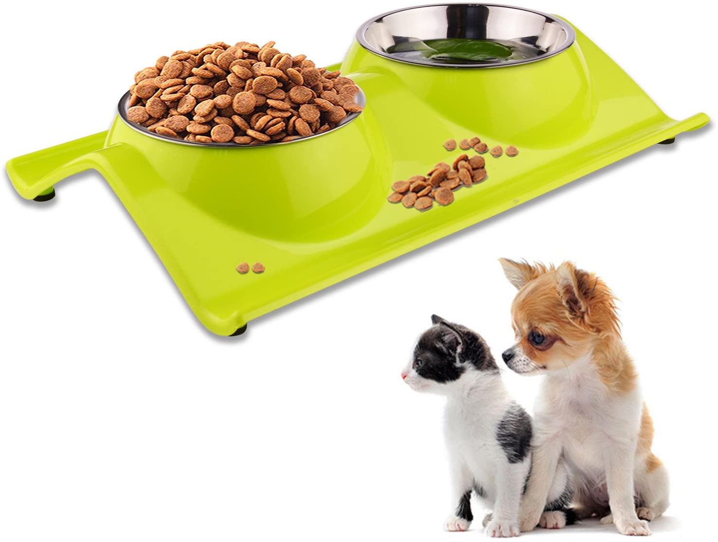  ShareWe Cuencos Doble para Perro Gato Animal Mascotas Cuencos Alimento Agua Platos de Acero Inoxidable con Diseño Antideslizante y Antiderrames (Verde) 