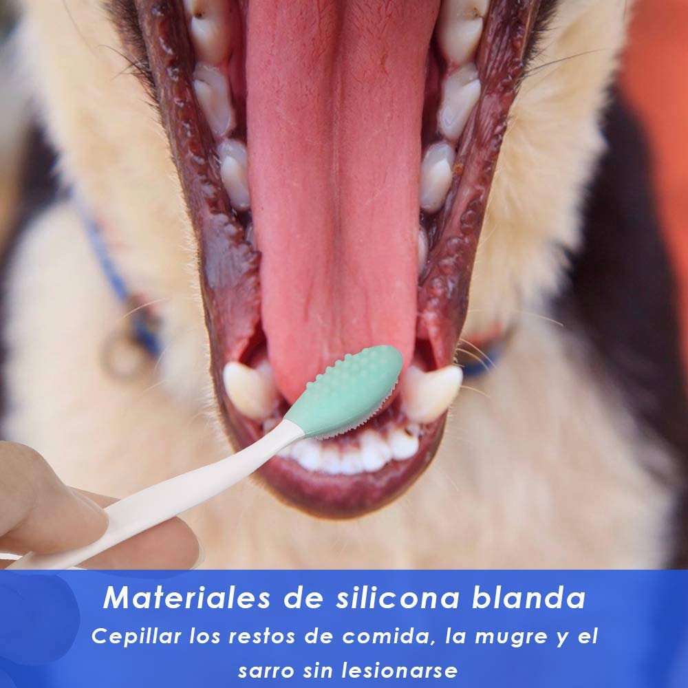  SlowTon Cepillo de Dientes para Perros, 4 Paquetes Silicone Pro de Doble Cara, Suave y Suave Cepillos dentales Suaves Juego de Kit con 5,7 Pulgadas Mango Largo Curvado para Perros Gatos. 