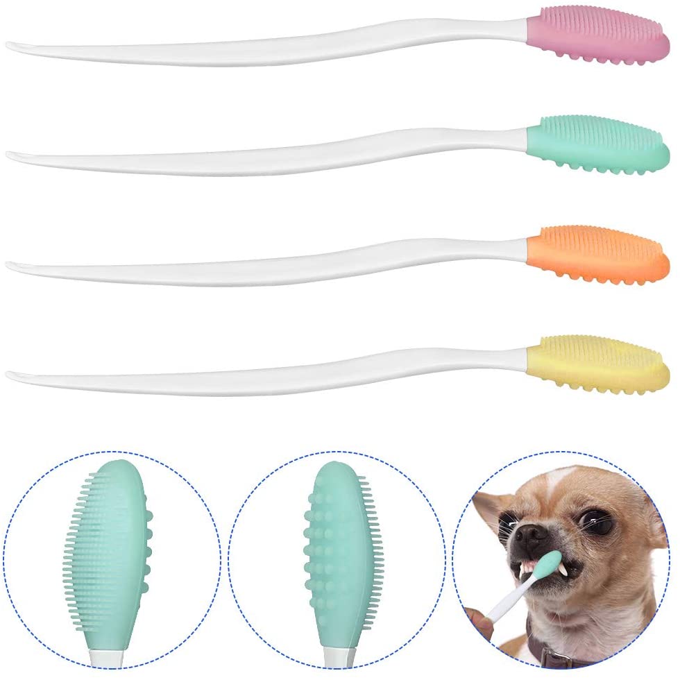  SlowTon Cepillo de Dientes para Perros, 4 Paquetes Silicone Pro de Doble Cara, Suave y Suave Cepillos dentales Suaves Juego de Kit con 5,7 Pulgadas Mango Largo Curvado para Perros Gatos. 