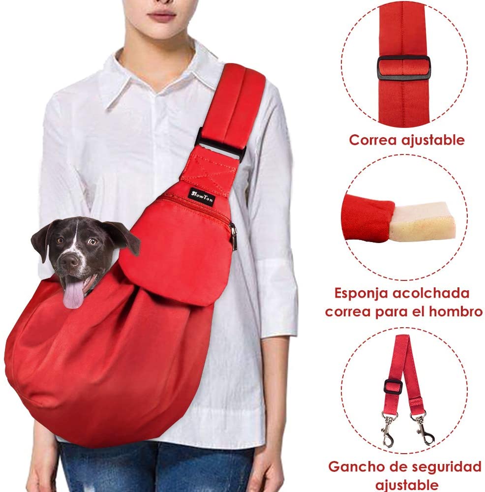  SlowTon Transportín para Perros Pet Carrier Dog Cat Hand Sling Carrier Bandolera Correa de Hombro Acolchada Ajustable Tote Bag con Bolsillo Delantero Outdoor Travel Puppy Carrier (Rojo) 