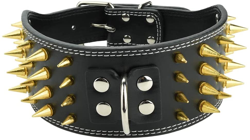  Socialme-EU Collar de Perro con Pinchos Ajustable de Cuero de PU 4 Filas Tachonadas Collares para Mascotas Perro Pitbull Collar de Cuello(Negro L) 