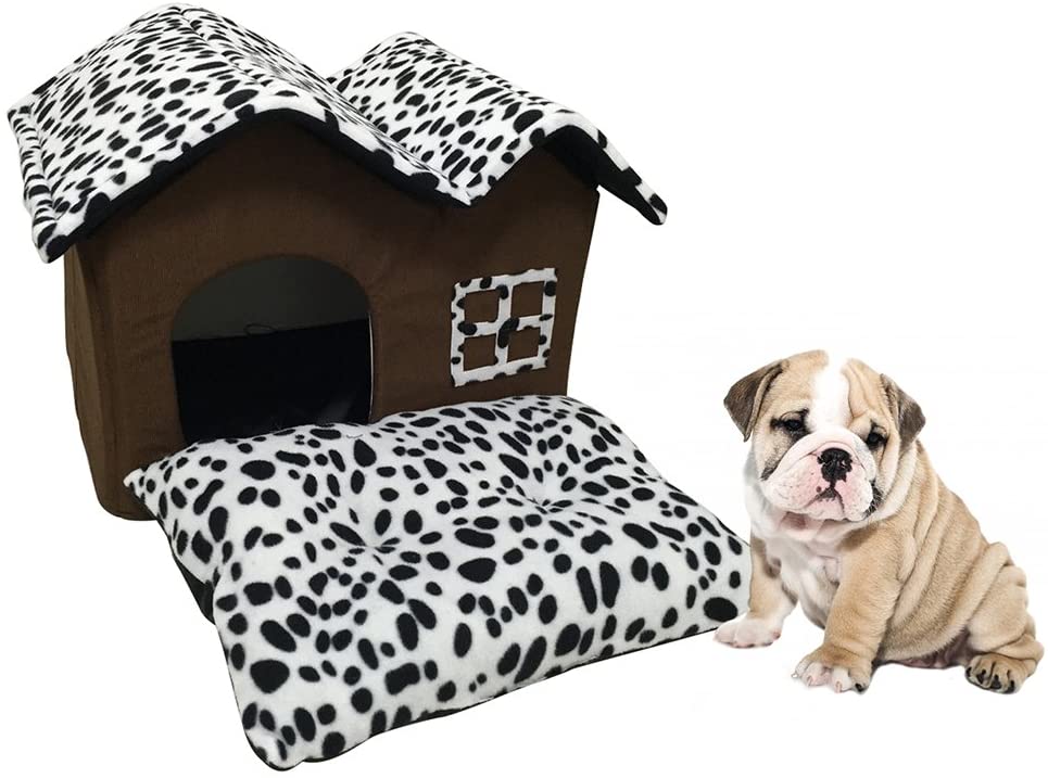  Sotoboo Cama de casa para Mascotas, Diseño de Lunares Marrones de Alta Calidad, para Interior y Interior, para Perro, Gatito o casa, Cama con Cojín Suave Extraíble para Perros Pequeños o medianos 