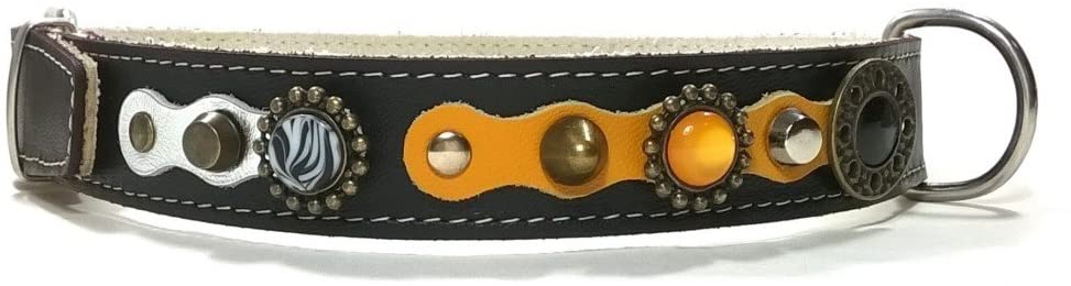  Superpipapo Original Collar para Perros, Todas Las Tallas, Correa Opcional, Cuero Amarillo, Negro y Plata Brillante con Piedras y Ornamentos, Grande, 55 cm X: Cuello 40-45 cm, Ancho 28mm 