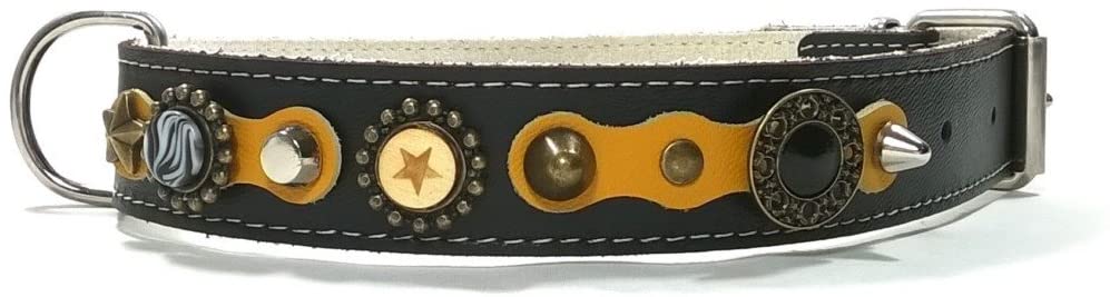  Superpipapo Original Collar para Perros, Todas Las Tallas, Correa Opcional, Cuero Amarillo, Negro y Plata Brillante con Piedras y Ornamentos, Grande, 55 cm X: Cuello 40-45 cm, Ancho 28mm 