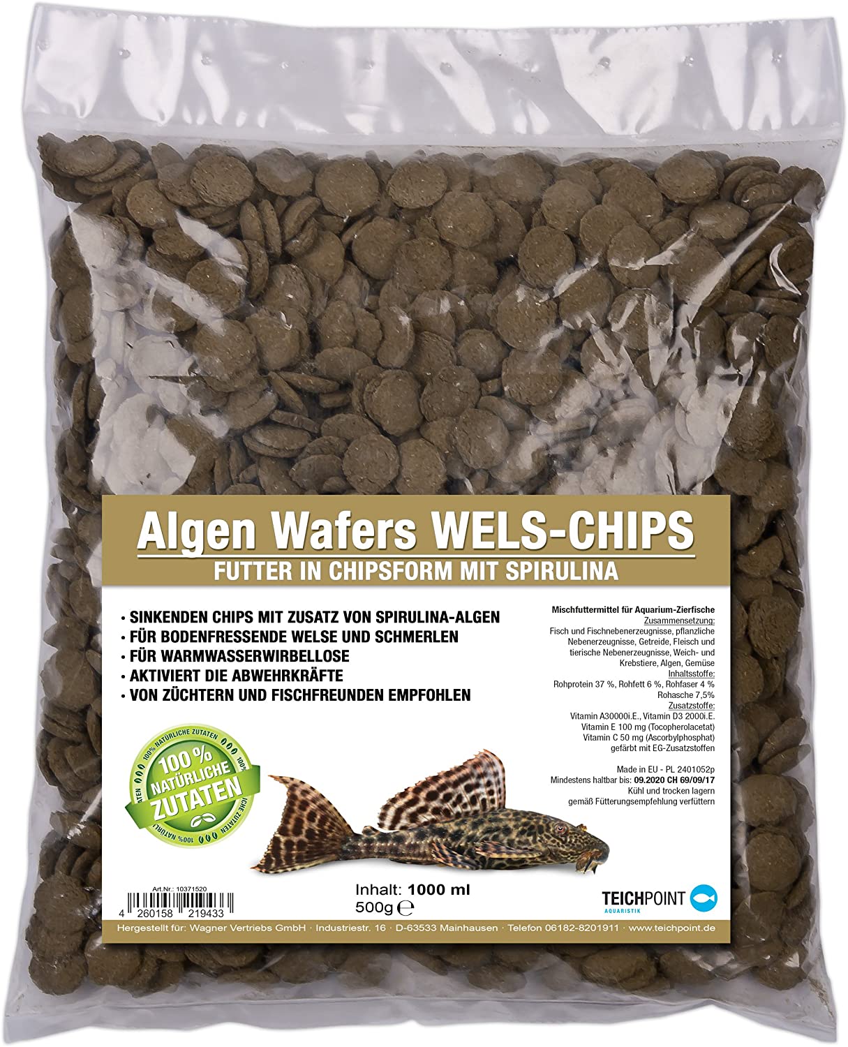  Teichpoint Algas de wafers Siluro de chips (Forro Principal para todos los pflanzenfressenden suelo peces y scheuen Ornamentales peces en barquillo Forma) – Siluro Forro en bolsa de 1 L 