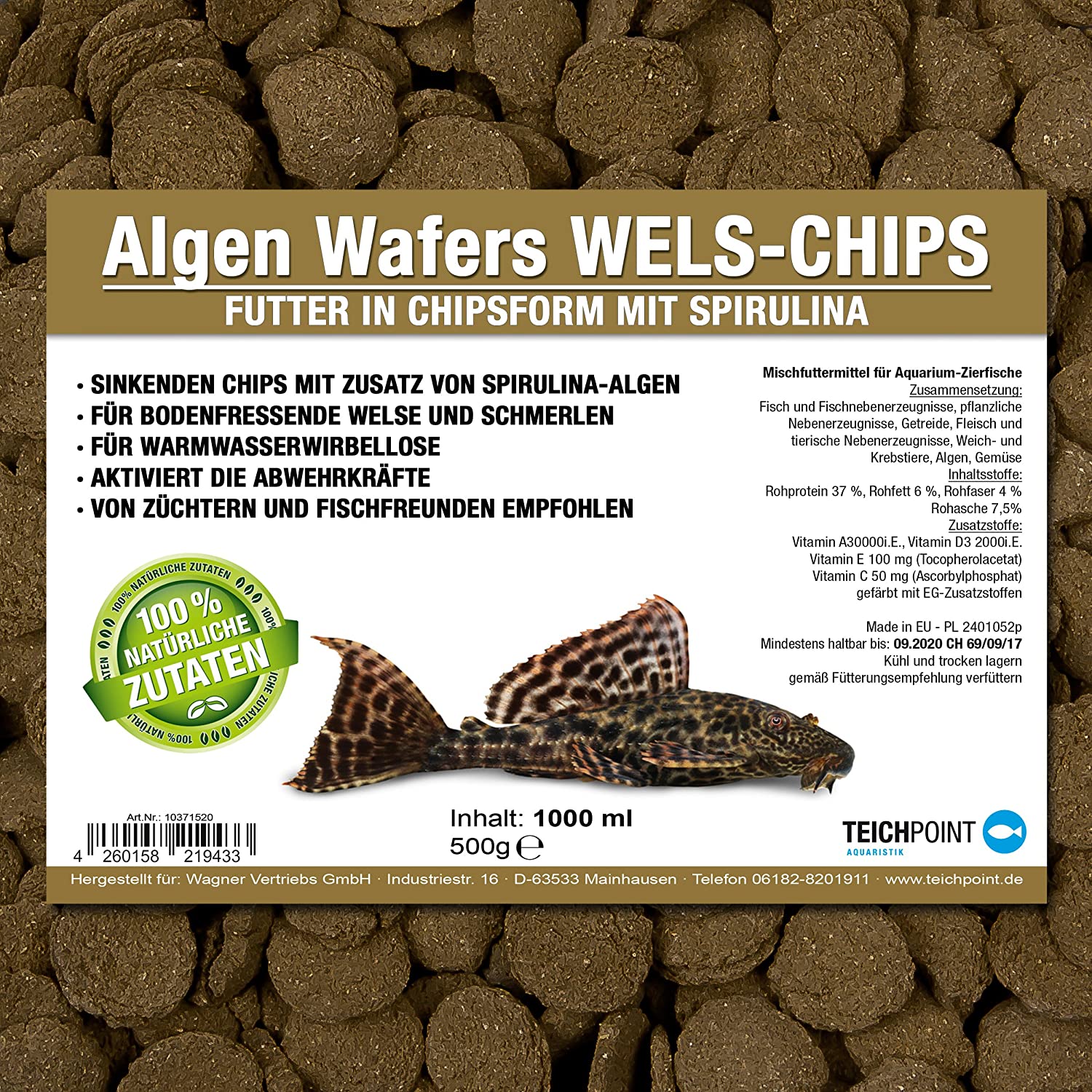  Teichpoint Algas de wafers Siluro de chips (Forro Principal para todos los pflanzenfressenden suelo peces y scheuen Ornamentales peces en barquillo Forma) – Siluro Forro en bolsa de 1 L 