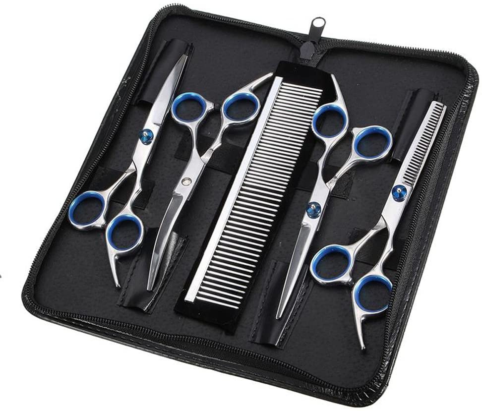  Tijeras de Perro Peluquería Profesional Entresacar Grooming Kit Set 4 Juegos de Tijeras Curvas para Cortar el Pelo a Mascotas Acero Inoxidable para Mascotas Perros Gatos 