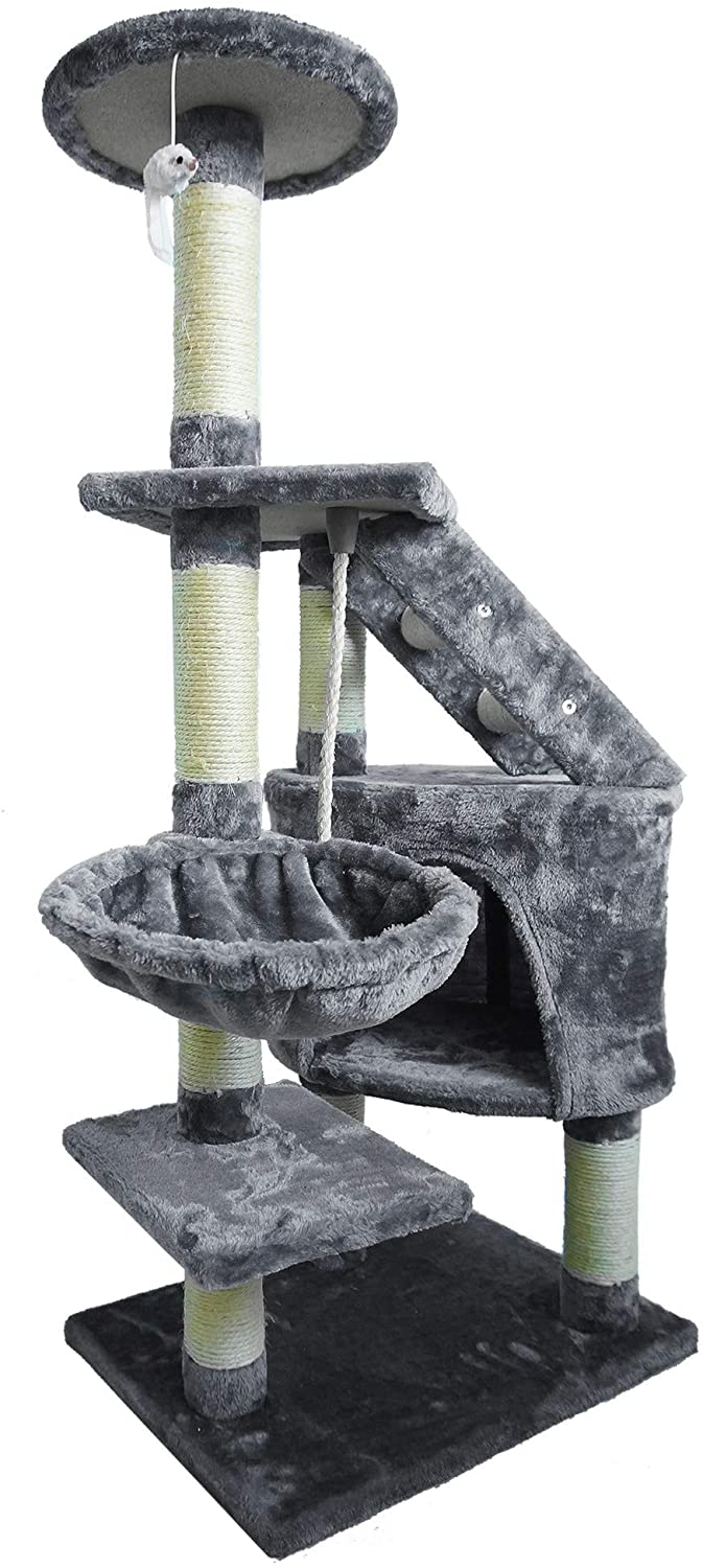  Todeco - Árbol para Gatos, Escalador para Gatos - Material: MDF - Tamaño de la casa de Gato: 30,0 x 30,0 x 42,9 cm - 120 cm, 5 Plataformas, Gris 