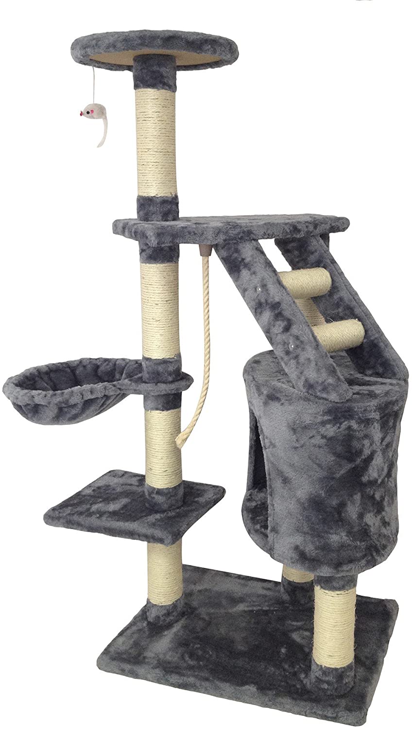  Todeco - Árbol para Gatos, Escalador para Gatos - Material: MDF - Tamaño de la casa de Gato: 30,0 x 30,0 x 42,9 cm - 120 cm, 5 Plataformas, Gris 